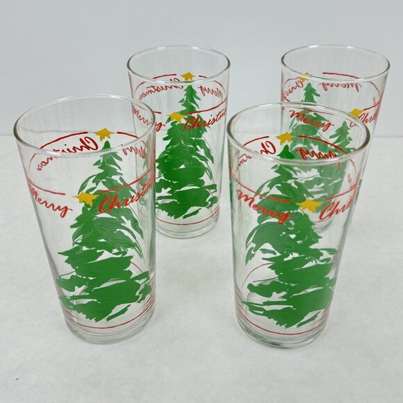 Vintage 1990 Abbey Press Merry Christmas Glass Tumbler Trees 4-Piece Set 12 oz - Picture 15 of 15